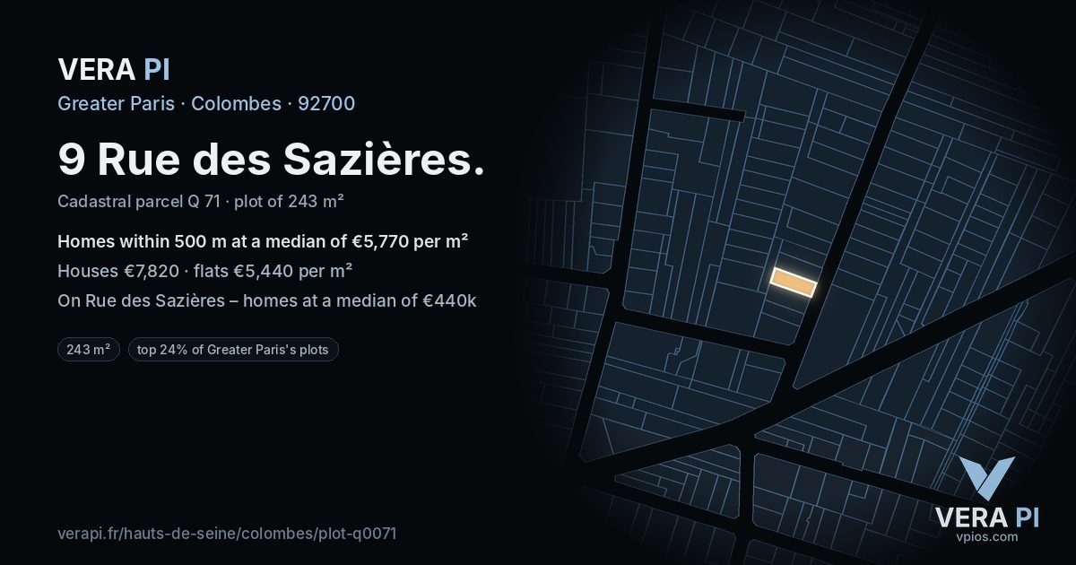 9 Rue des Sazières, Colombes at night – the plot lit, the parcels around coloured by the prices near them