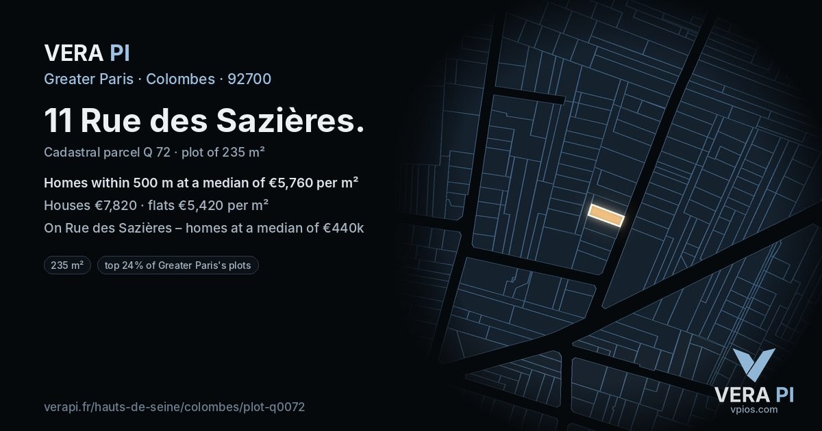 11 Rue des Sazières, Colombes at night – the plot lit, the parcels around coloured by the prices near them