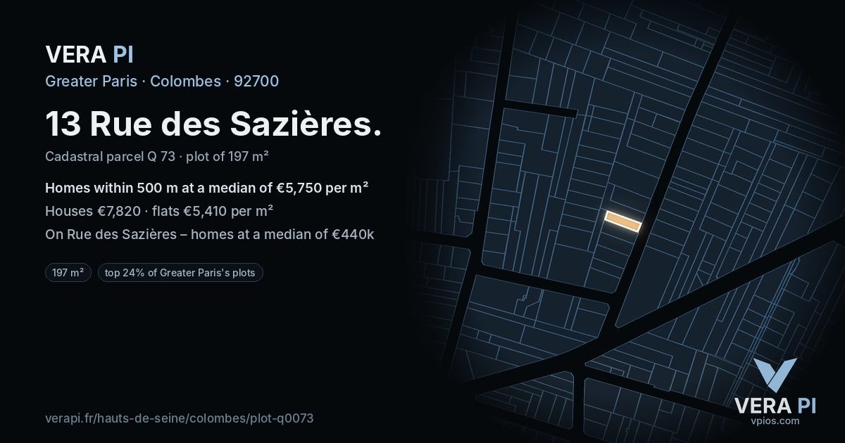 13 Rue des Sazières, Colombes at night – the plot lit, the parcels around coloured by the prices near them