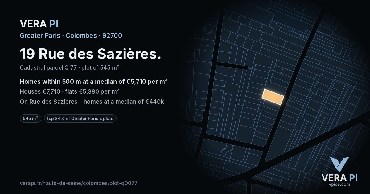 19 Rue des Sazières, Colombes at night – the plot lit, the parcels around coloured by the prices near them