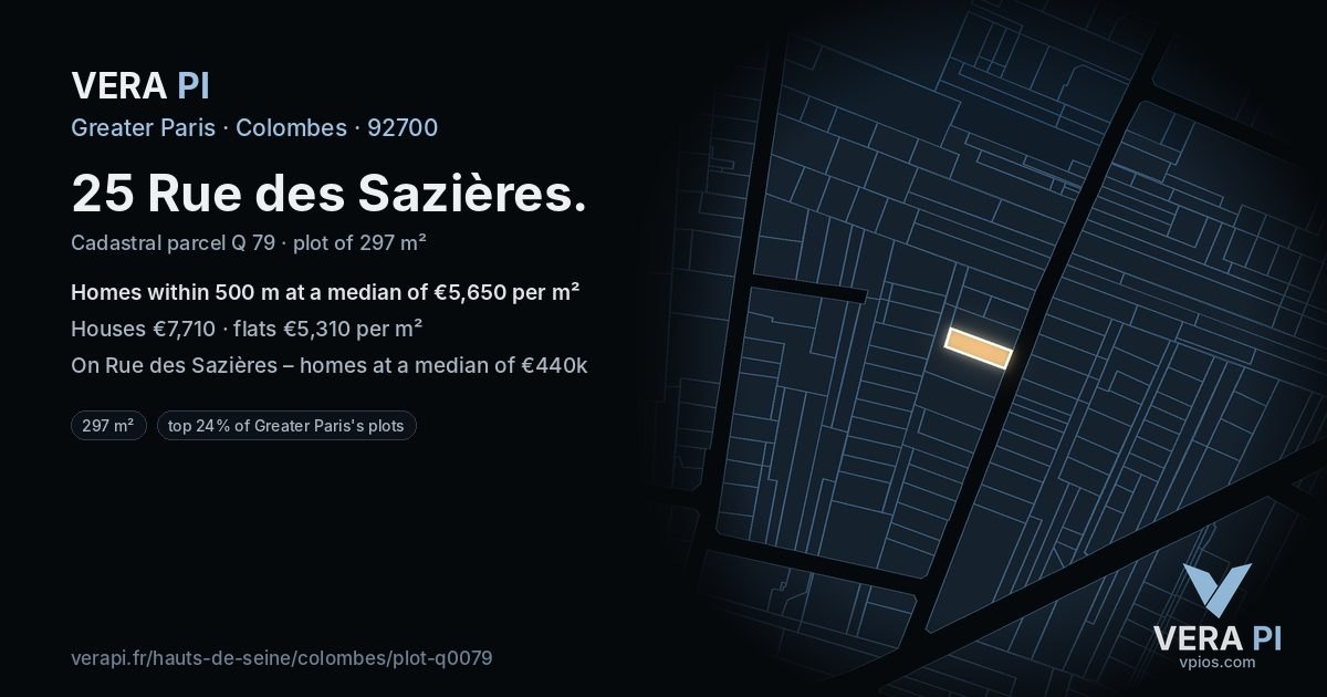 25 Rue des Sazières, Colombes at night – the plot lit, the parcels around coloured by the prices near them