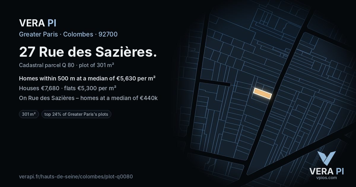 27 Rue des Sazières, Colombes at night – the plot lit, the parcels around coloured by the prices near them