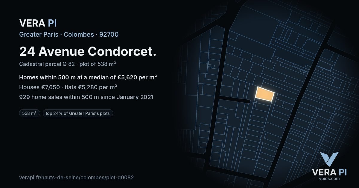 24 Avenue Condorcet, Colombes at night – the plot lit, the parcels around coloured by the prices near them