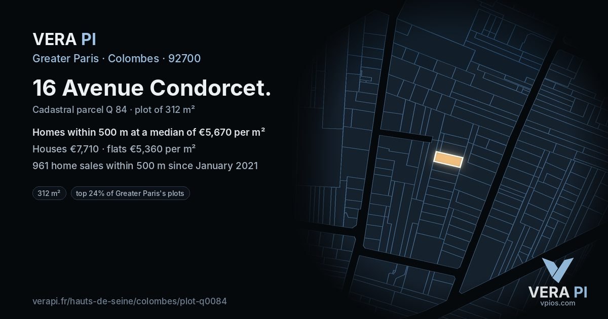 16 Avenue Condorcet, Colombes at night – the plot lit, the parcels around coloured by the prices near them