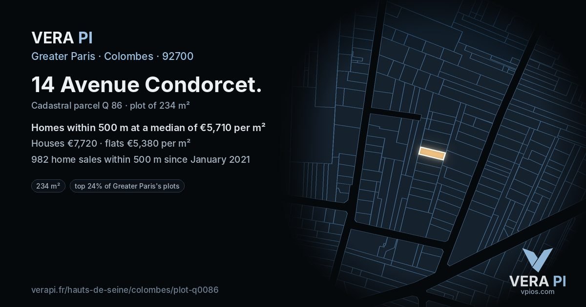 14 Avenue Condorcet, Colombes at night – the plot lit, the parcels around coloured by the prices near them