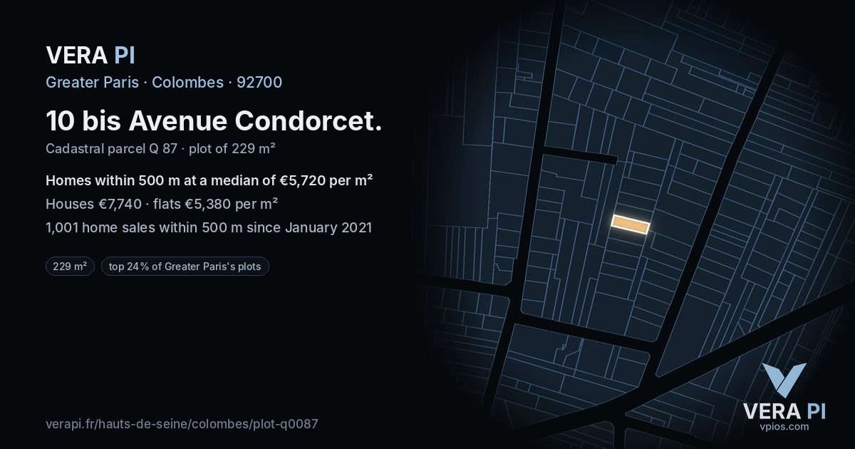 10 bis Avenue Condorcet, Colombes at night – the plot lit, the parcels around coloured by the prices near them