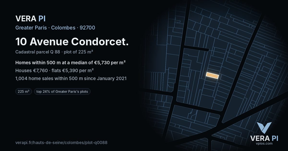 10 Avenue Condorcet, Colombes at night – the plot lit, the parcels around coloured by the prices near them