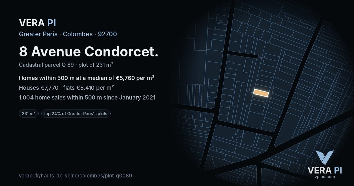 8 Avenue Condorcet, Colombes at night – the plot lit, the parcels around coloured by the prices near them