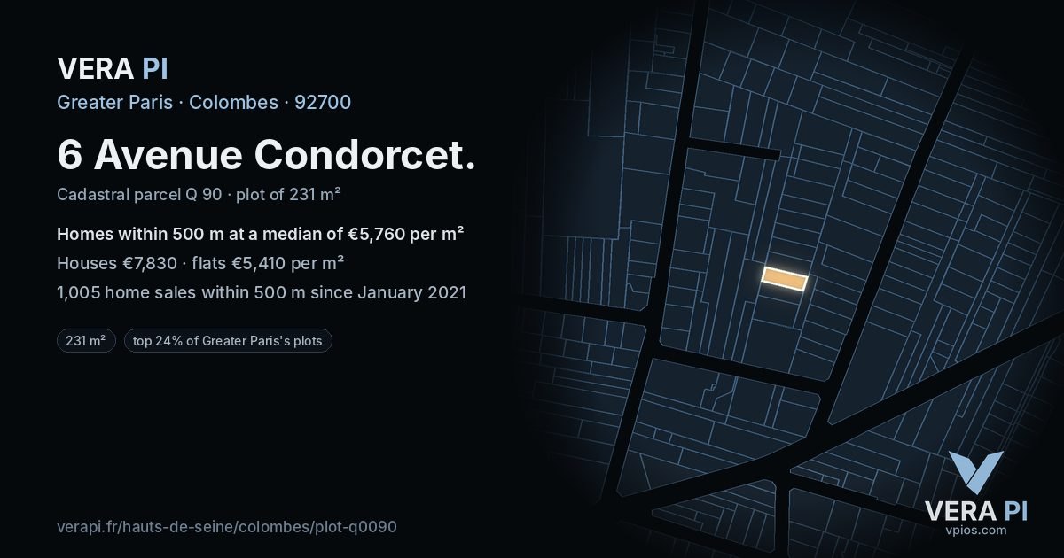 6 Avenue Condorcet, Colombes at night – the plot lit, the parcels around coloured by the prices near them
