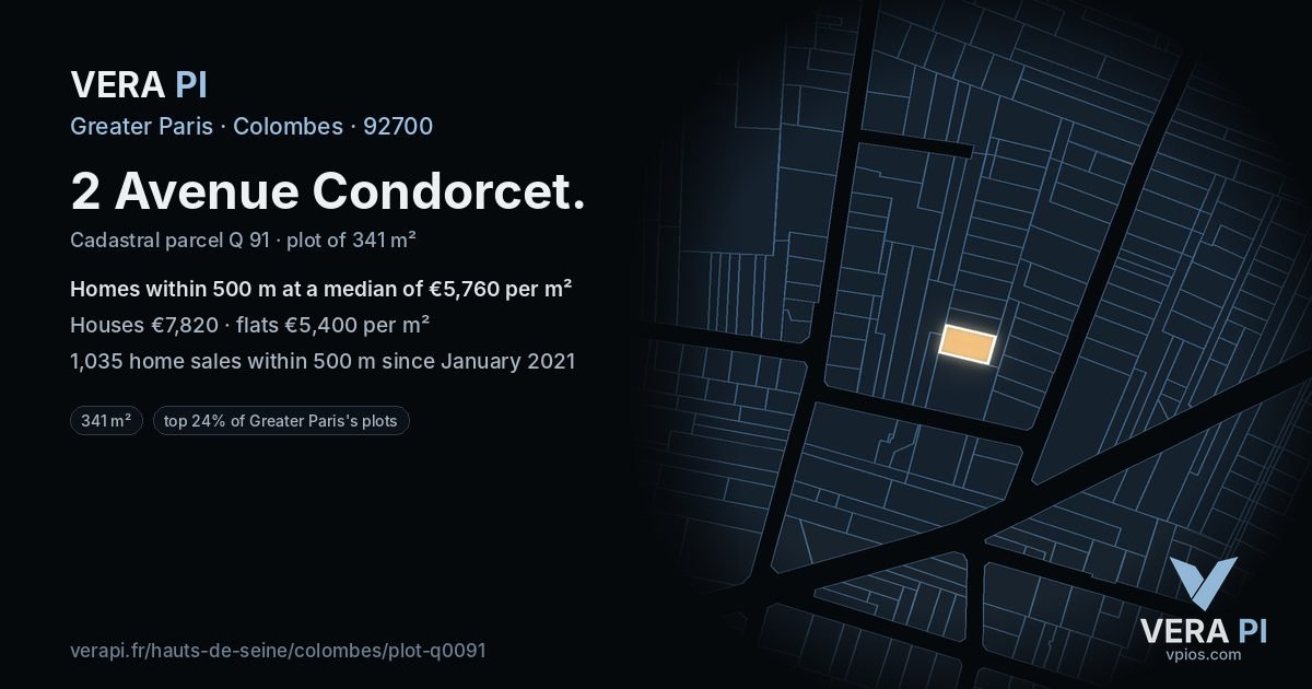 2 Avenue Condorcet, Colombes at night – the plot lit, the parcels around coloured by the prices near them