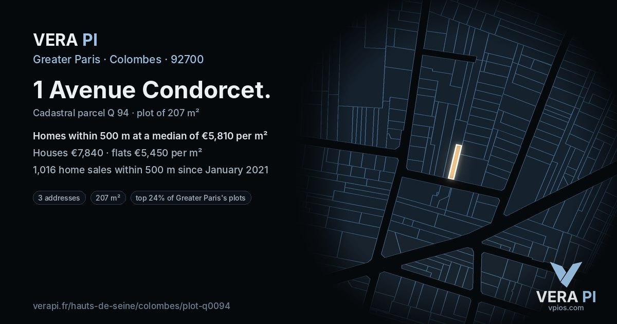 1 Avenue Condorcet, Colombes at night – the plot lit, the parcels around coloured by the prices near them