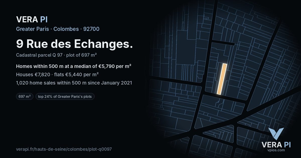 9 Rue des Echanges, Colombes at night – the plot lit, the parcels around coloured by the prices near them