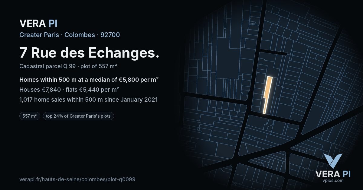7 Rue des Echanges, Colombes at night – the plot lit, the parcels around coloured by the prices near them