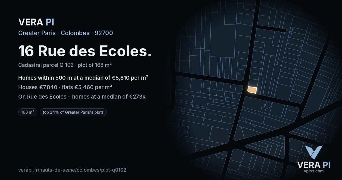 16 Rue des Ecoles, Colombes at night – the plot lit, the parcels around coloured by the prices near them