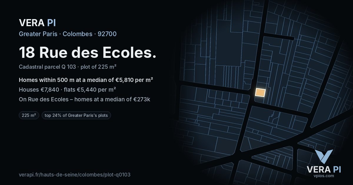 18 Rue des Ecoles, Colombes at night – the plot lit, the parcels around coloured by the prices near them