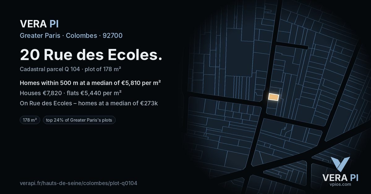 20 Rue des Ecoles, Colombes at night – the plot lit, the parcels around coloured by the prices near them