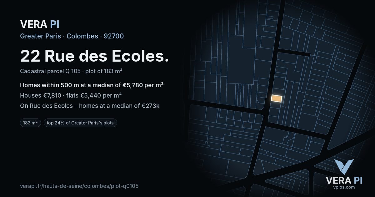 22 Rue des Ecoles, Colombes at night – the plot lit, the parcels around coloured by the prices near them