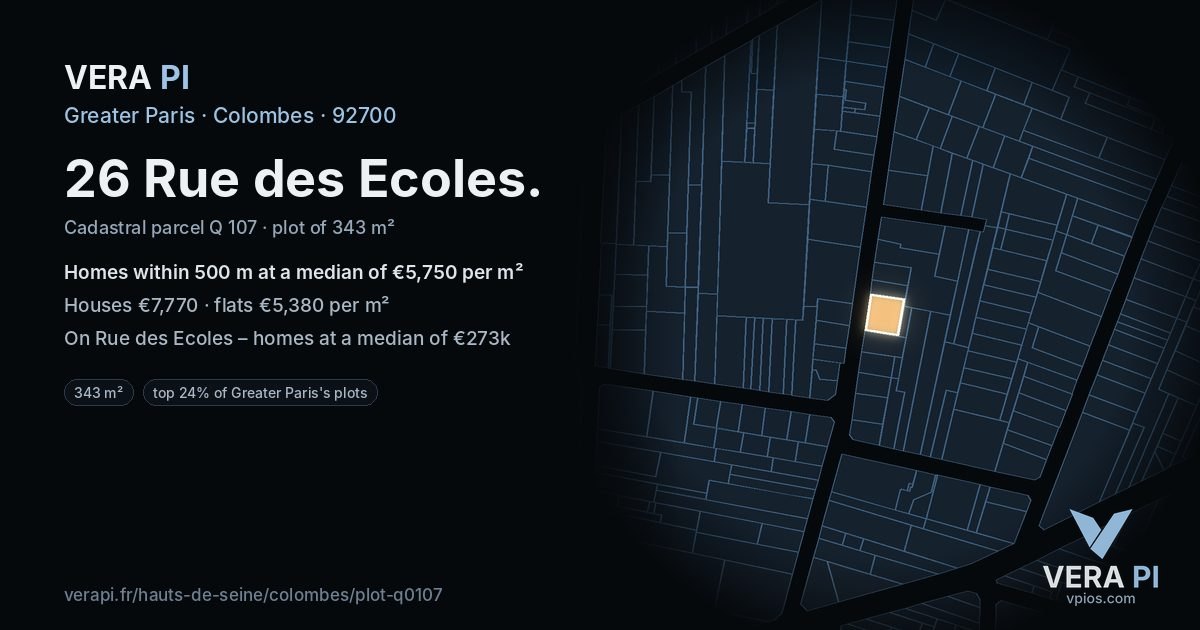 26 Rue des Ecoles, Colombes at night – the plot lit, the parcels around coloured by the prices near them