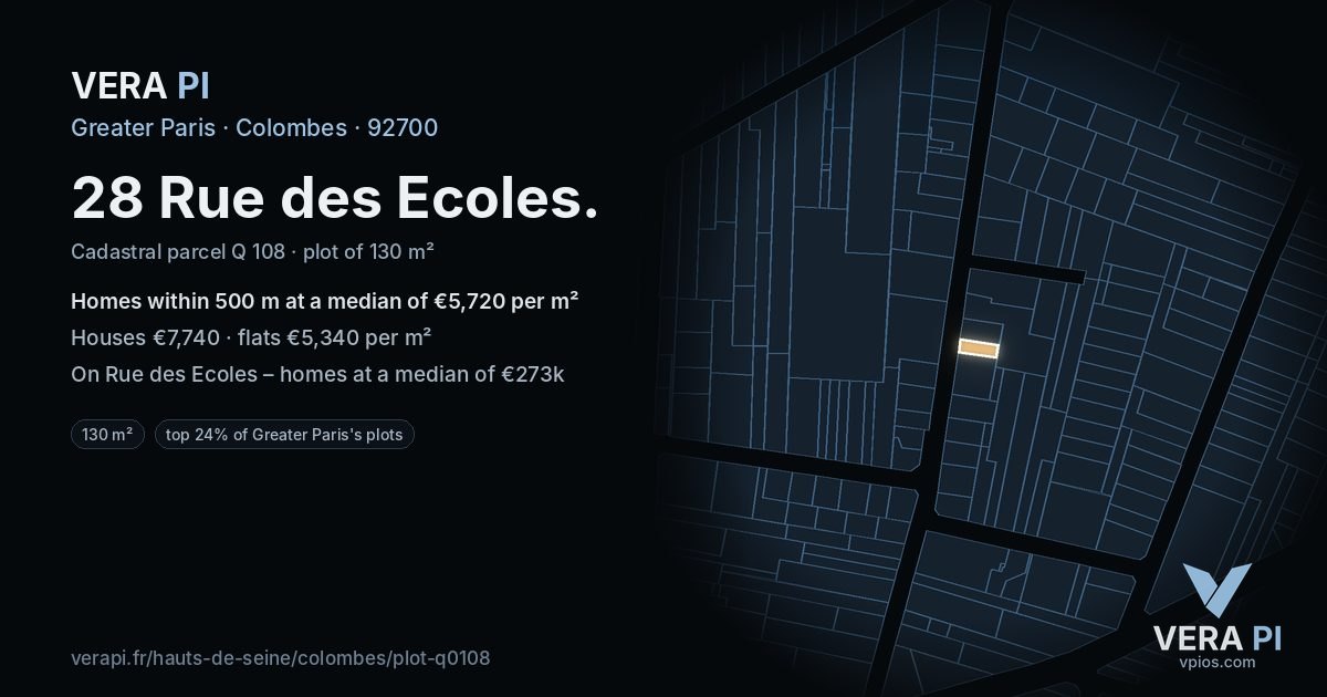 28 Rue des Ecoles, Colombes at night – the plot lit, the parcels around coloured by the prices near them