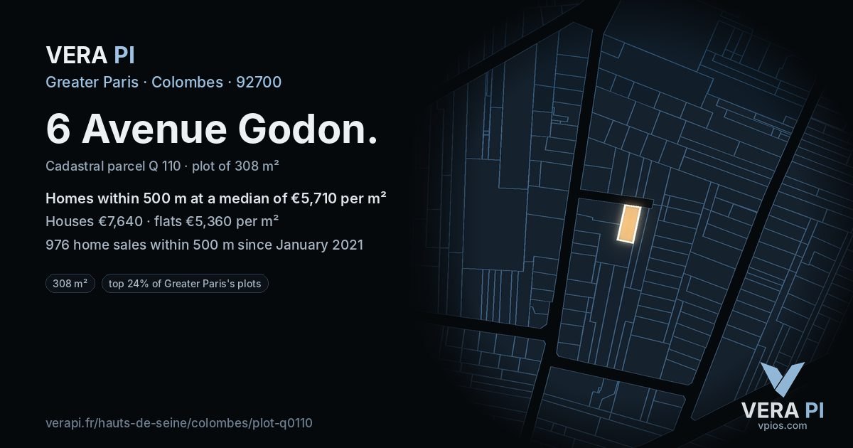 6 Avenue Godon, Colombes at night – the plot lit, the parcels around coloured by the prices near them