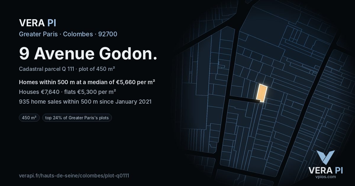 9 Avenue Godon, Colombes at night – the plot lit, the parcels around coloured by the prices near them