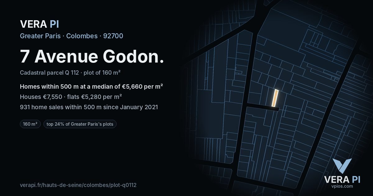 7 Avenue Godon, Colombes at night – the plot lit, the parcels around coloured by the prices near them