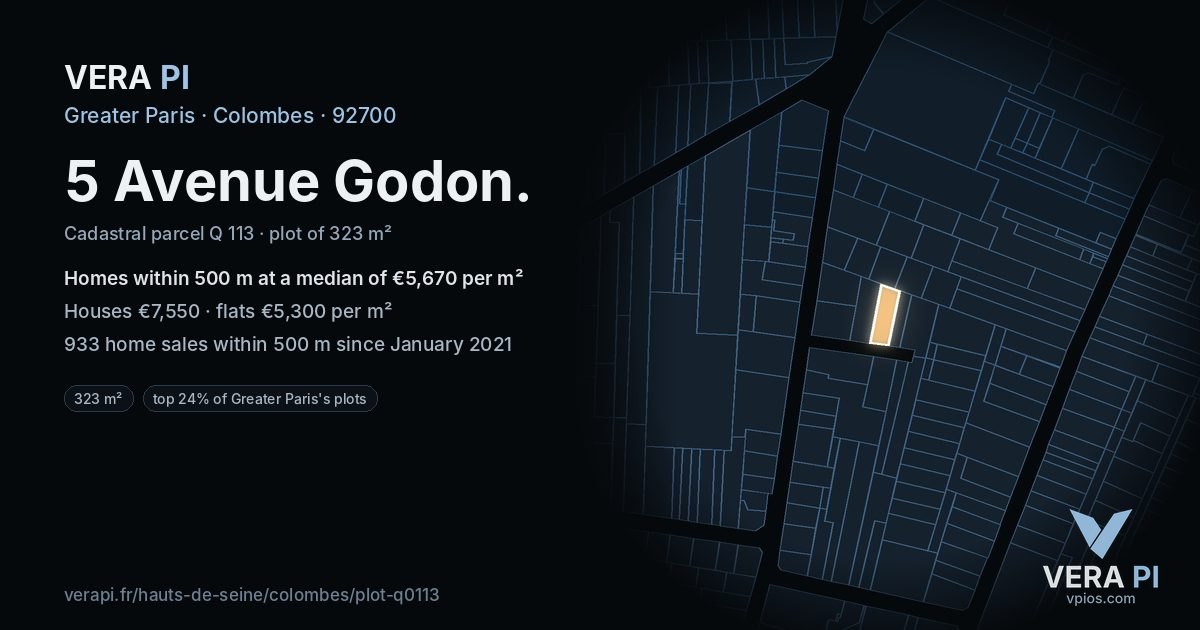 5 Avenue Godon, Colombes at night – the plot lit, the parcels around coloured by the prices near them