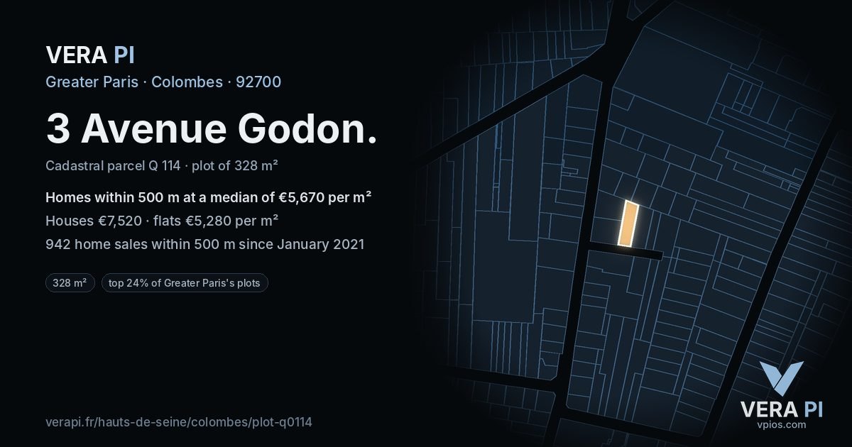 3 Avenue Godon, Colombes at night – the plot lit, the parcels around coloured by the prices near them