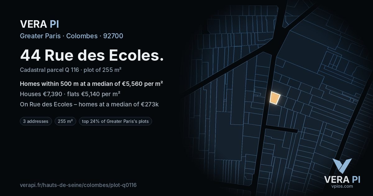 44 Rue des Ecoles, Colombes at night – the plot lit, the parcels around coloured by the prices near them