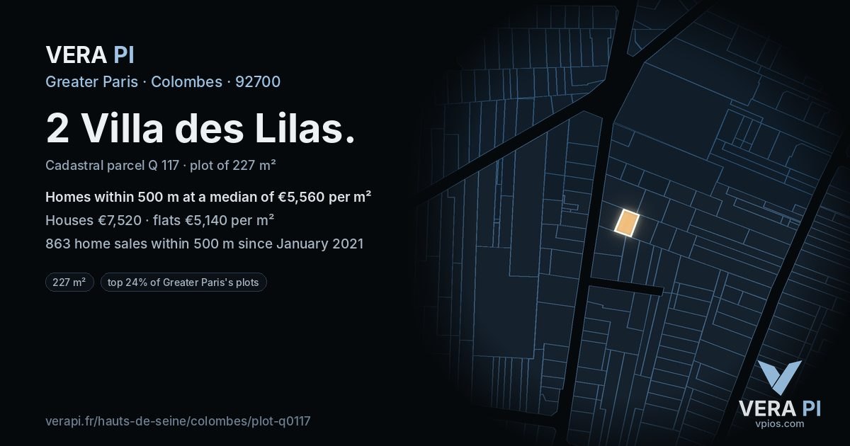 2 Villa des Lilas, Colombes at night – the plot lit, the parcels around coloured by the prices near them