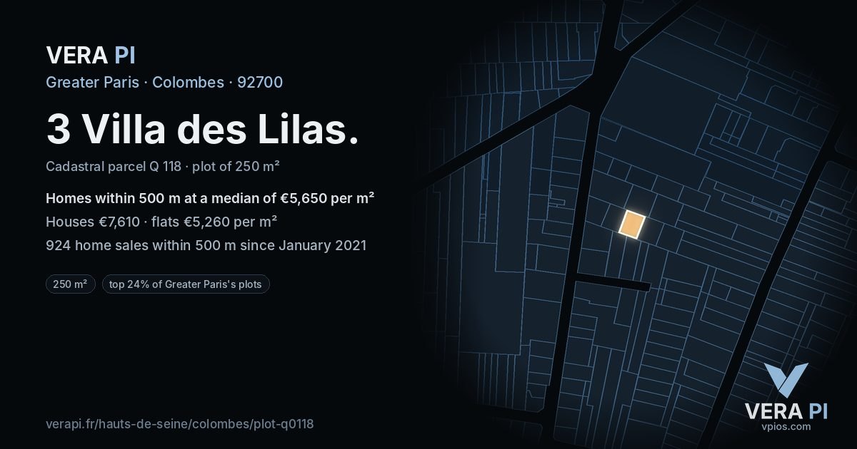 3 Villa des Lilas, Colombes at night – the plot lit, the parcels around coloured by the prices near them