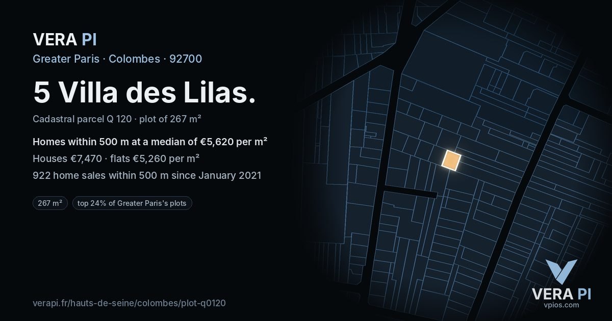 5 Villa des Lilas, Colombes at night – the plot lit, the parcels around coloured by the prices near them