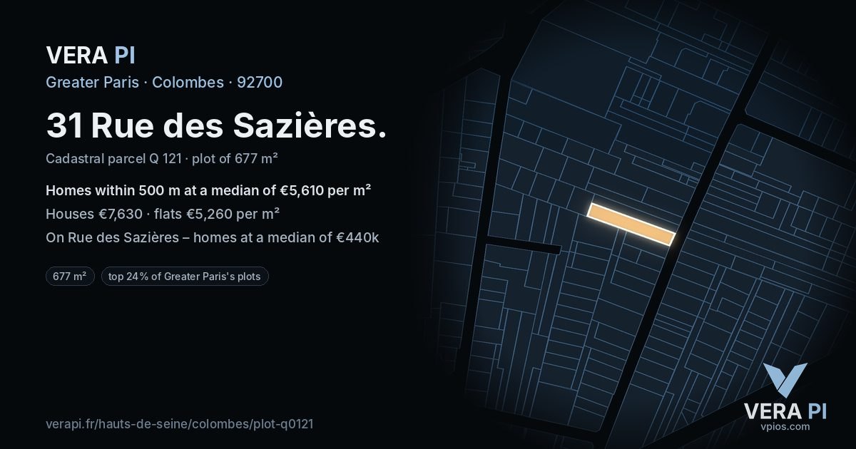 31 Rue des Sazières, Colombes at night – the plot lit, the parcels around coloured by the prices near them