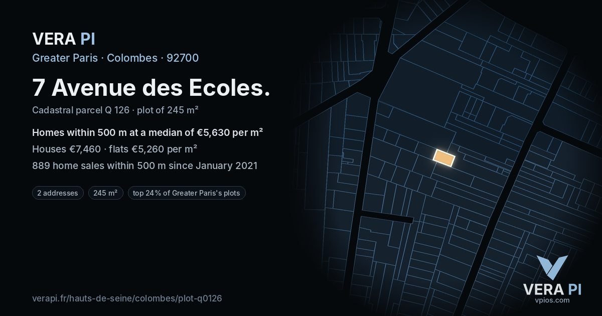 7 Avenue des Ecoles, Colombes at night – the plot lit, the parcels around coloured by the prices near them