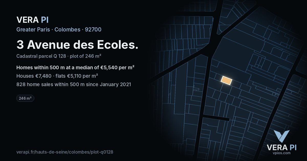 3 Avenue des Ecoles, Colombes at night – the plot lit, the parcels around coloured by the prices near them