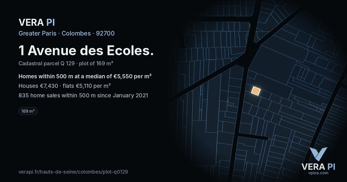 1 Avenue des Ecoles, Colombes at night – the plot lit, the parcels around coloured by the prices near them