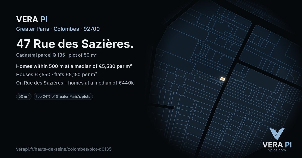 47 Rue des Sazières, Colombes at night – the plot lit, the parcels around coloured by the prices near them