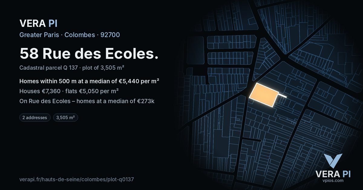 58 Rue des Ecoles, Colombes at night – the plot lit, the parcels around coloured by the prices near them