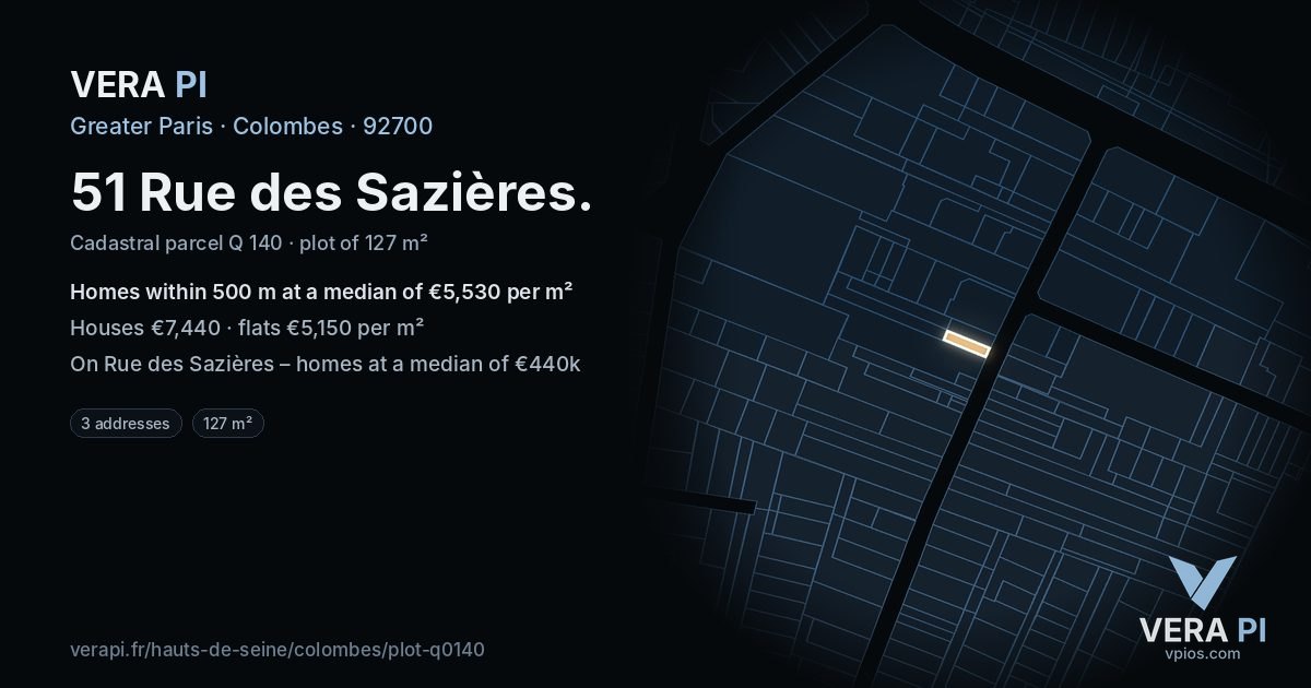 51 Rue des Sazières, Colombes at night – the plot lit, the parcels around coloured by the prices near them