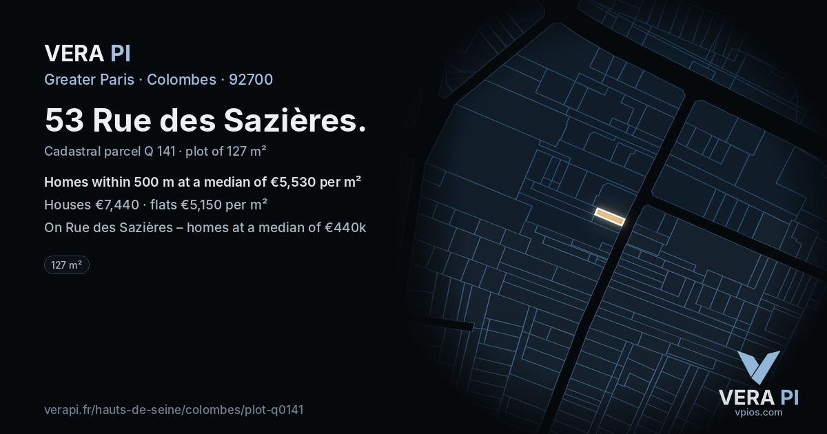 53 Rue des Sazières, Colombes at night – the plot lit, the parcels around coloured by the prices near them