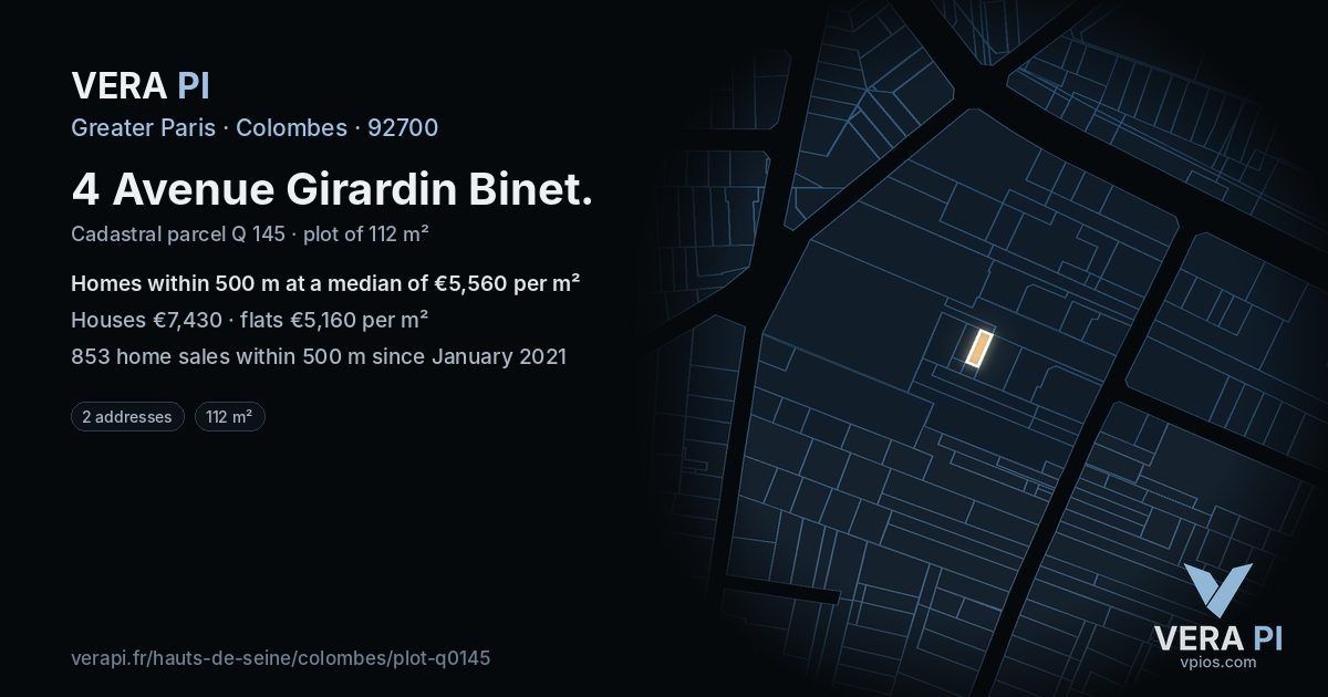4 Avenue Girardin Binet, Colombes at night – the plot lit, the parcels around coloured by the prices near them