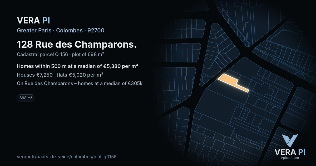 128 Rue des Champarons, Colombes at night – the plot lit, the parcels around coloured by the prices near them