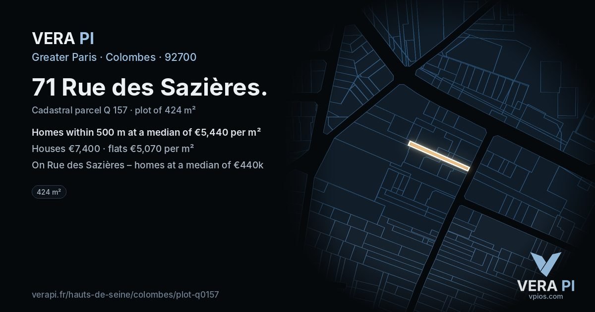 71 Rue des Sazières, Colombes at night – the plot lit, the parcels around coloured by the prices near them
