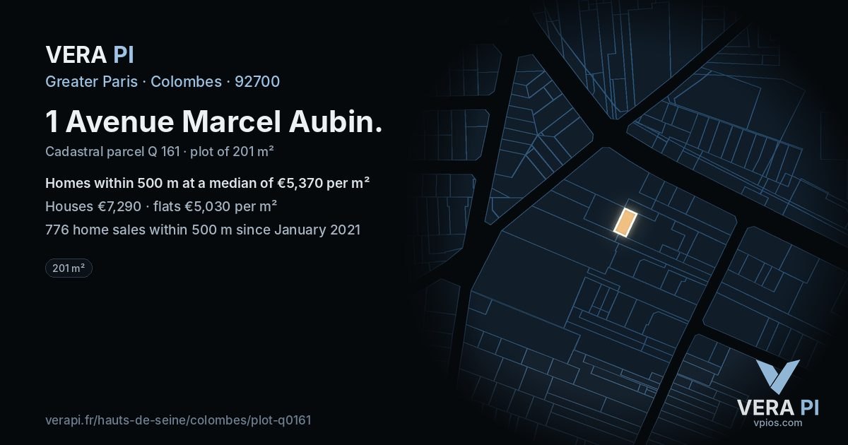 1 Avenue Marcel Aubin, Colombes at night – the plot lit, the parcels around coloured by the prices near them