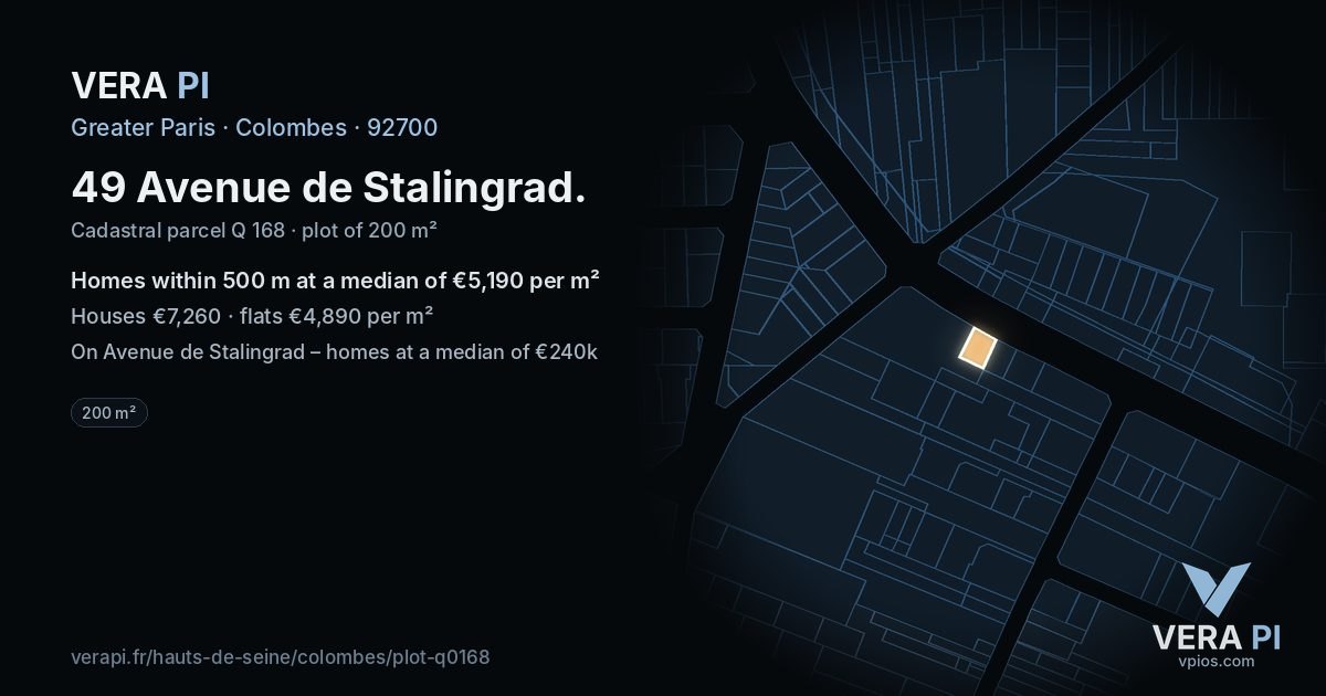 49 Avenue de Stalingrad, Colombes at night – the plot lit, the parcels around coloured by the prices near them