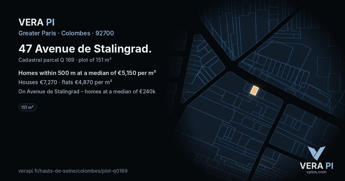 47 Avenue de Stalingrad, Colombes at night – the plot lit, the parcels around coloured by the prices near them