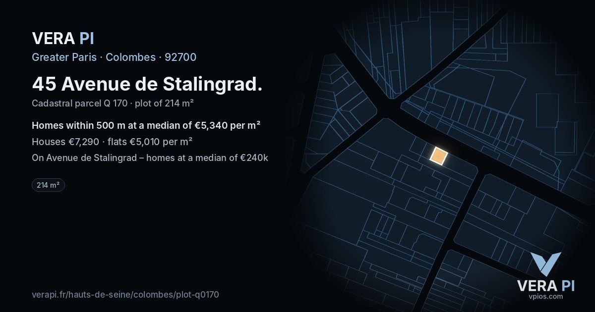 45 Avenue de Stalingrad, Colombes at night – the plot lit, the parcels around coloured by the prices near them