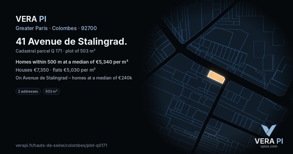 41 Avenue de Stalingrad, Colombes at night – the plot lit, the parcels around coloured by the prices near them