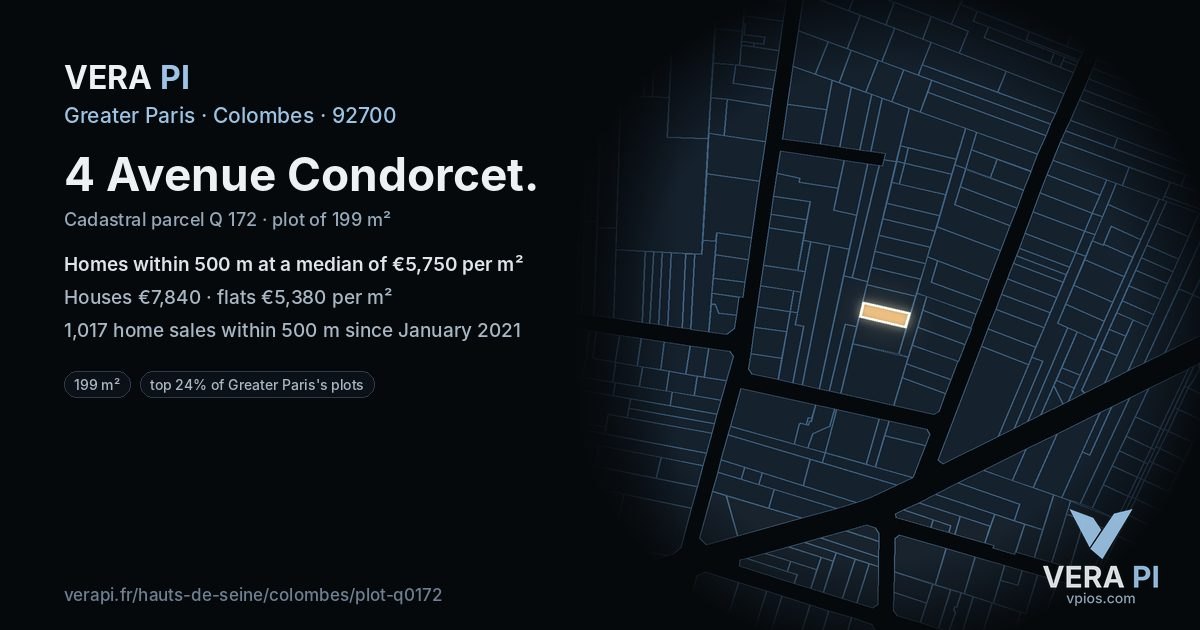 4 Avenue Condorcet, Colombes at night – the plot lit, the parcels around coloured by the prices near them