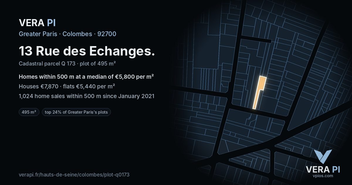 13 Rue des Echanges, Colombes at night – the plot lit, the parcels around coloured by the prices near them